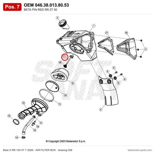 BETA PIN RED RR 2T 50 – OEM 046.38.013.80.53, position 7 on the Beta X RR 125 4T T 2026 air filter box drawing