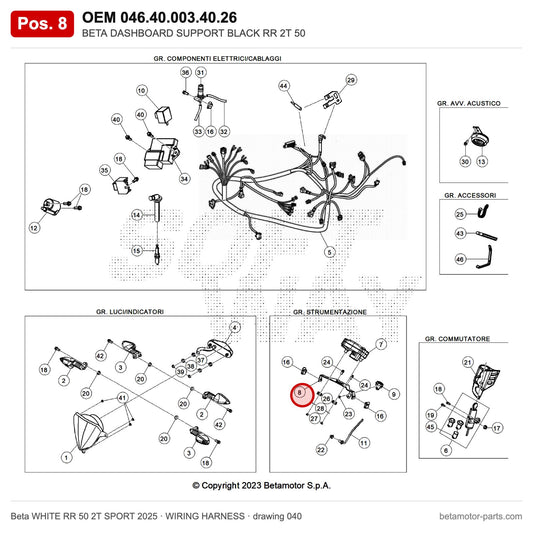BETA DASHBOARD SUPPORT BLACK RR 2T 50 – OEM 046.40.003.40.26, position 8 on the Beta WHITE RR 50 2T SPORT 2025 wiring harness drawing
