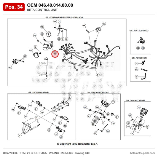 BETA CONTROL UNIT – OEM 046.40.014.00.00, position 34 on the Beta WHITE RR 50 2T SPORT 2025 wiring harness drawing