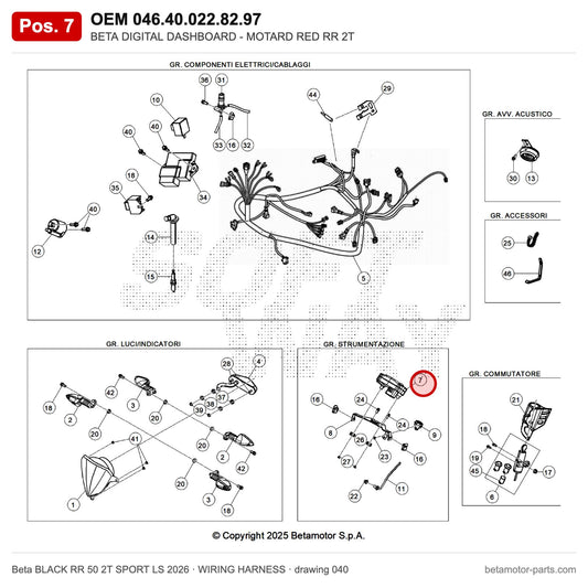 BETA DIGITAL DASHBOARD - MOTARD RED RR 2T – OEM 046.40.022.82.97, position 7 on the Beta BLACK RR 50 2T SPORT LS 2026 wiring harness drawing