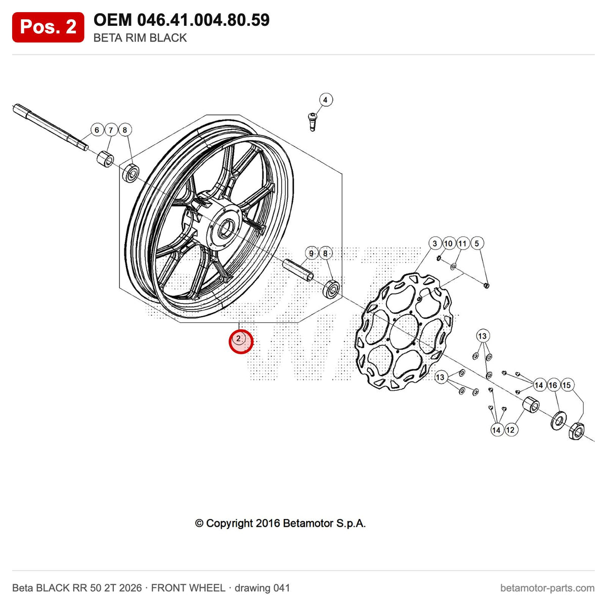BETA RIM BLACK – OEM 046.41.004.80.59, position 2 on the Beta BLACK RR 50 2T 2026 front wheel drawing