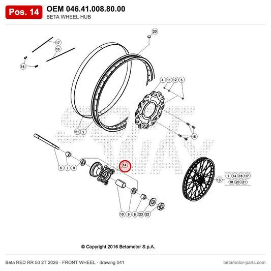 BETA WHEEL HUB – OEM 046.41.008.80.00, position 14 on the Beta RED RR 50 2T 2026 front wheel drawing