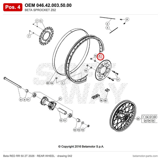 BETA SPROCKET Z62 – OEM 046.42.003.50.00, position 4 on the Beta RED RR 50 2T 2026 rear wheel drawing