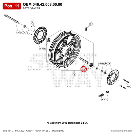 BETA SPACER_2 – OEM 046.42.008.00.00, position 11 on the Beta RR 2T 50 X 2024 GREY rear wheel drawing