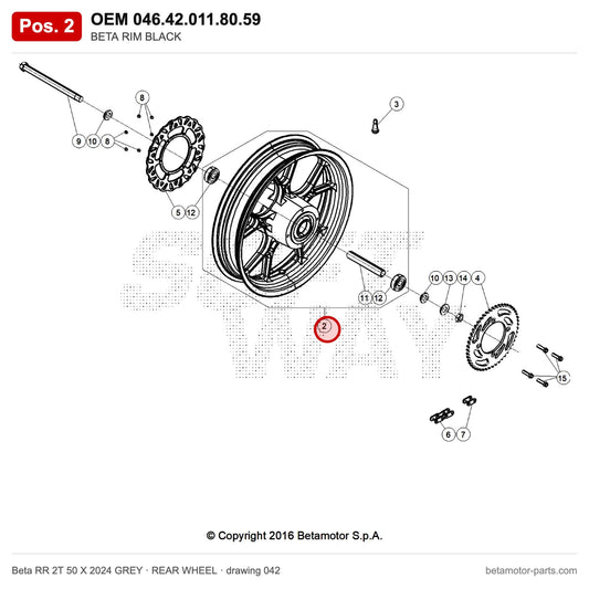 BETA RIM BLACK – OEM 046.42.011.80.59, position 2 on the Beta RR 2T 50 X 2024 GREY rear wheel drawing