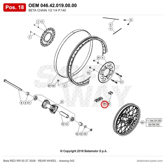 BETA CHAIN 1/2 1/4 P.140 – OEM 046.42.019.00.00, position 18 on the Beta RED RR 50 2T 2026 rear wheel drawing