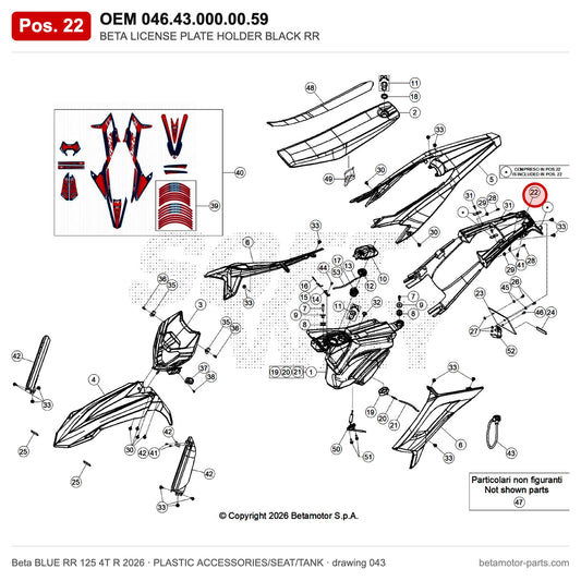 BETA LICENSE PLATE HOLDER BLACK RR – OEM 046.43.000.00.59, position 22 on the Beta BLUE RR 125 4T R 2026 plastic accessories/seat/tank drawing