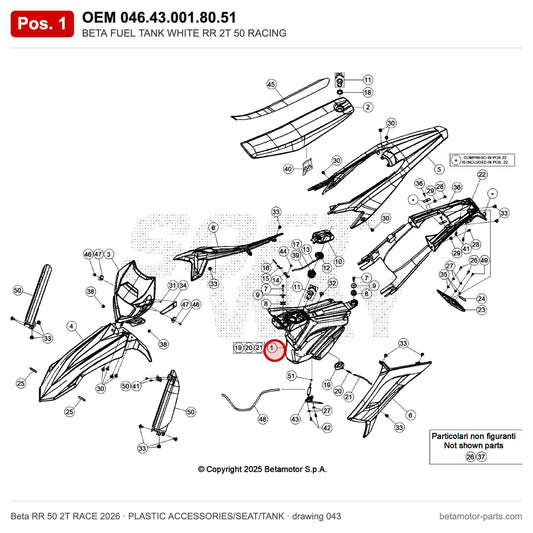 BETA FUEL TANK WHITE RR 2T 50 RACING – OEM 046.43.001.80.51, position 1 on the Beta RR 50 2T RACE 2026 plastic accessories/seat/tank drawing