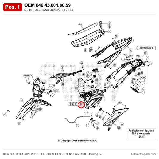 BETA FUEL TANK BLACK RR 2T 50 – OEM 046.43.001.80.59, position 1 on the Beta BLACK RR 50 2T 2026 plastic accessories/seat/tank drawing