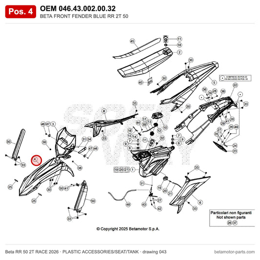 BETA FRONT FENDER BLUE RR 2T 50 – OEM 046.43.002.00.32, position 4 on the Beta RR 50 2T RACE 2026 plastic accessories/seat/tank drawing