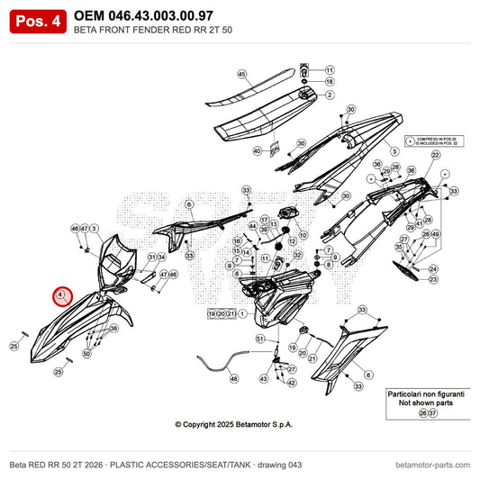BETA FRONT FENDER RED RR 2T 50 – OEM 046.43.003.00.97, position 4 on the Beta RED RR 50 2T 2026 plastic accessories/seat/tank drawing