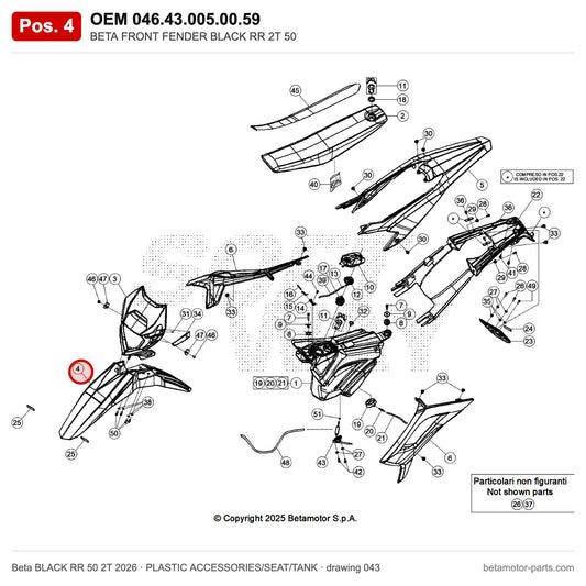 BETA FRONT FENDER BLACK RR 2T 50 – OEM 046.43.005.00.59, position 4 on the Beta BLACK RR 50 2T 2026 plastic accessories/seat/tank drawing