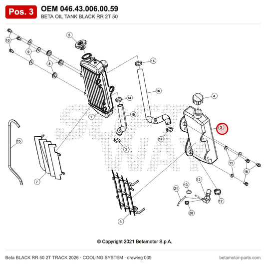 BETA OIL TANK BLACK RR 2T 50 – OEM 046.43.006.00.59, position 3 on the Beta BLACK RR 50 2T TRACK 2026 cooling system drawing