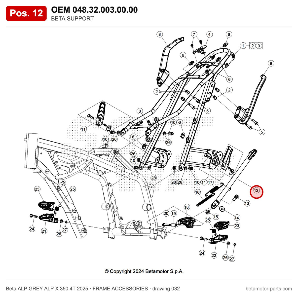 BETA SUPPORT – OEM 048.32.003.00.00, position 12 on the Beta ALP GREY ALP X 350 4T 2025 frame accessories drawing