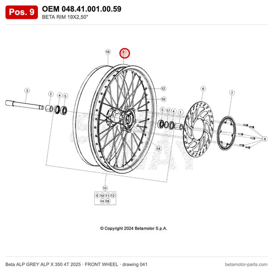 BETA RIM 19X2,50" – OEM 048.41.001.00.59, position 9 on the Beta ALP GREY ALP X 350 4T 2025 front wheel drawing