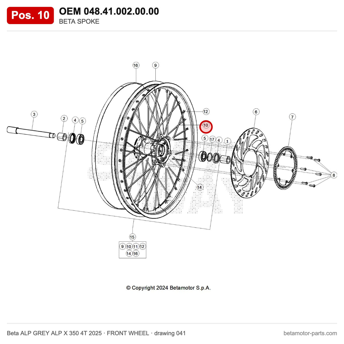 BETA SPOKE D4X208 – OEM 048.41.002.00.00, position 10 on the Beta ALP GREY ALP X 350 4T 2025 front wheel drawing