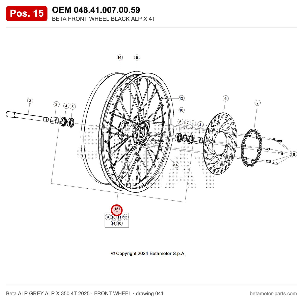 BETA FRONT WHEEL BLACK ALP X 4T – OEM 048.41.007.00.59, position 15 on the Beta ALP GREY ALP X 350 4T 2025 front wheel drawing