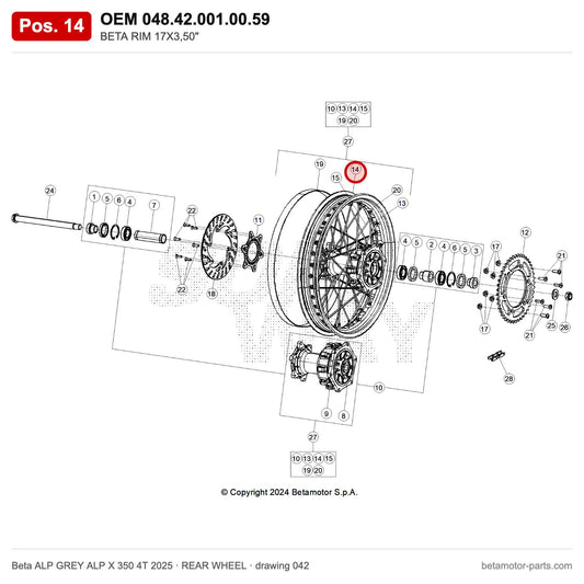 BETA RIM 17X3,50" – OEM 048.42.001.00.59, position 14 on the Beta ALP GREY ALP X 350 4T 2025 rear wheel drawing