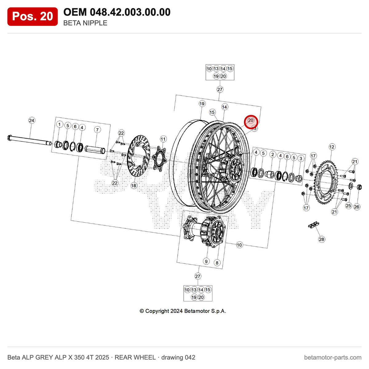 BETA NIPPLE_1 – OEM 048.42.003.00.00, position 20 on the Beta ALP GREY ALP X 350 4T 2025 rear wheel drawing