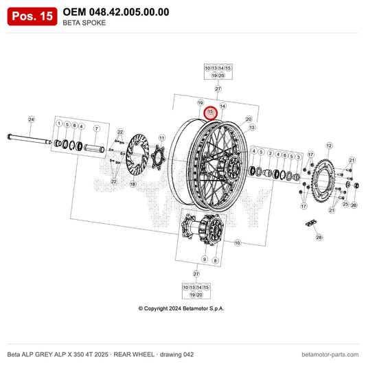 BETA SPOKE D4X188 – OEM 048.42.005.00.00, position 15 on the Beta ALP GREY ALP X 350 4T 2025 rear wheel drawing