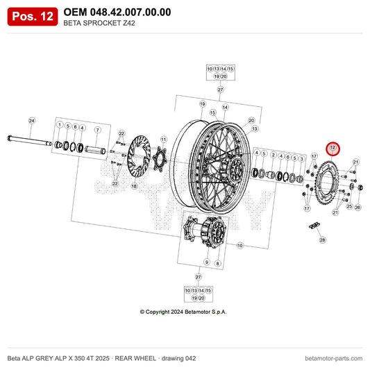BETA SPROCKET Z42 – OEM 048.42.007.00.00, position 12 on the Beta ALP GREY ALP X 350 4T 2025 rear wheel drawing