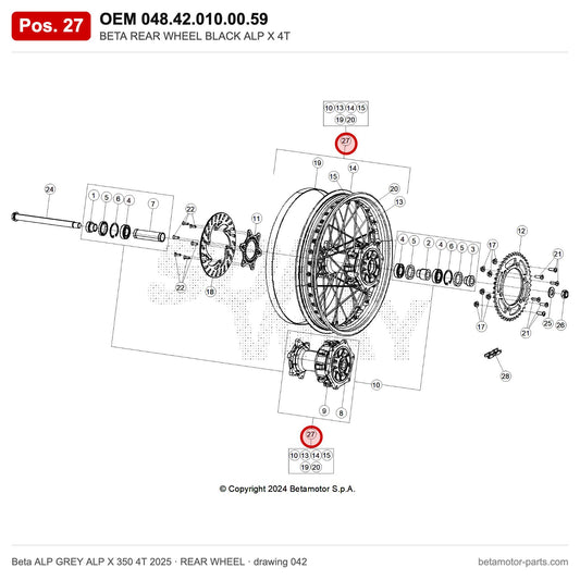 BETA REAR WHEEL BLACK ALP X 4T – OEM 048.42.010.00.59, position 27 on the Beta ALP GREY ALP X 350 4T 2025 rear wheel drawing
