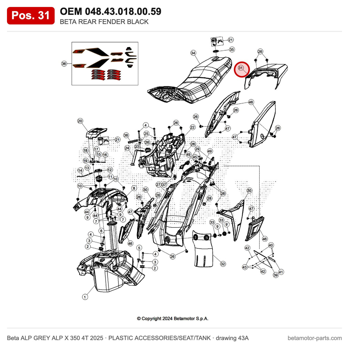 BETA REAR FENDER BLACK – OEM 048.43.018.00.59, position 31 on the Beta ALP GREY ALP X 350 4T 2025 plastic accessories/seat/tank drawing
