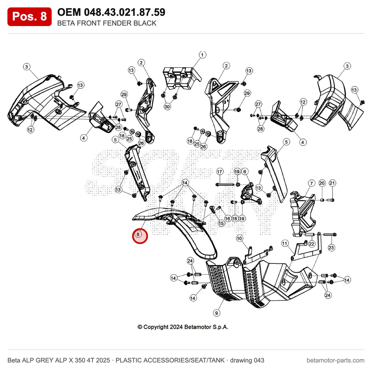 BETA FRONT FENDER BLACK – OEM 048.43.021.87.59, position 8 on the Beta ALP GREY ALP X 350 4T 2025 plastic accessories/seat/tank drawing