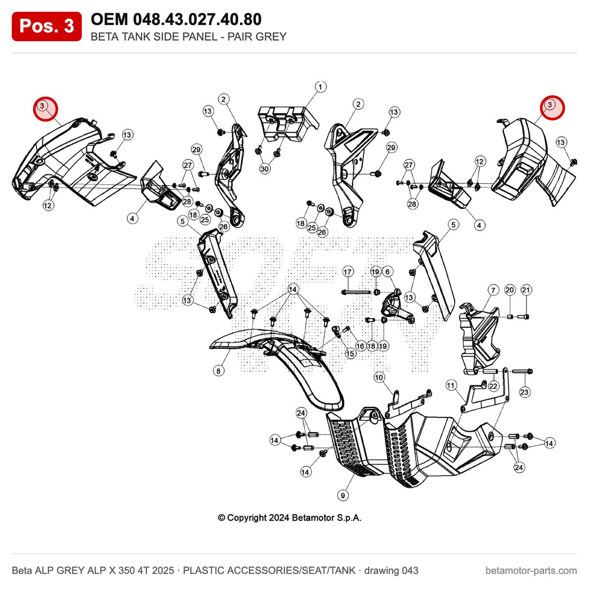 BETA TANK SIDE PANEL - PAIR GREY – OEM 048.43.027.40.80, position 3 on the Beta ALP GREY ALP X 350 4T 2025 plastic accessories/seat/tank drawing