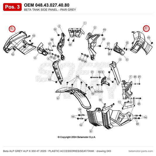 BETA TANK SIDE PANEL - PAIR GREY – OEM 048.43.027.40.80, position 3 on the Beta ALP GREY ALP X 350 4T 2025 plastic accessories/seat/tank drawing