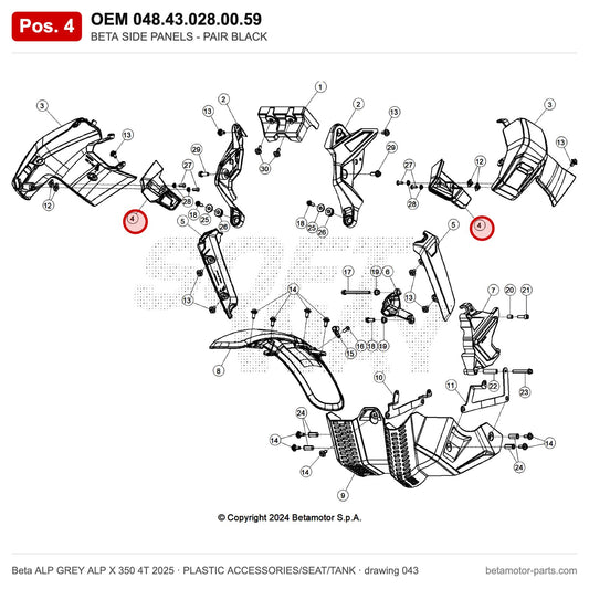 BETA SIDE PANELS - PAIR BLACK – OEM 048.43.028.00.59, position 4 on the Beta ALP GREY ALP X 350 4T 2025 plastic accessories/seat/tank drawing