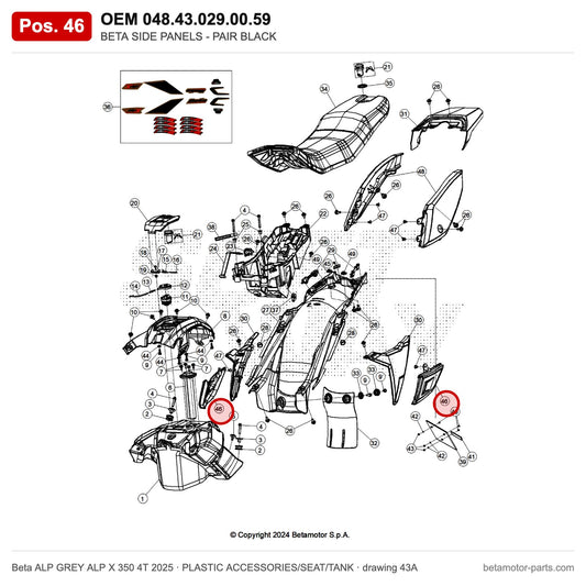 BETA SIDE PANELS - PAIR BLACK – OEM 048.43.029.00.59, position 46 on the Beta ALP GREY ALP X 350 4T 2025 plastic accessories/seat/tank drawing