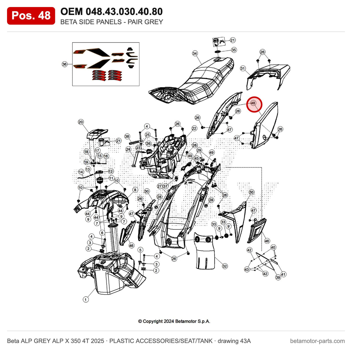 BETA SIDE PANELS - PAIR GREY – OEM 048.43.030.40.80, position 48 on the Beta ALP GREY ALP X 350 4T 2025 plastic accessories/seat/tank drawing