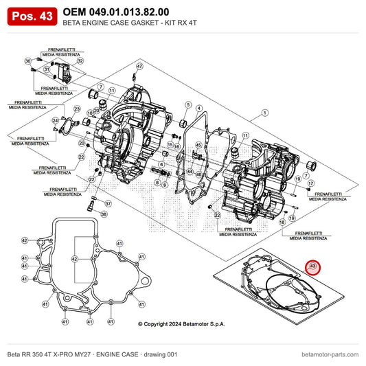 BETA ENGINE CASE GASKET - KIT RR RX 4T – OEM 049.01.013.82.00, position 43 on the Beta RR 350 4T X-PRO MY27 engine case drawing