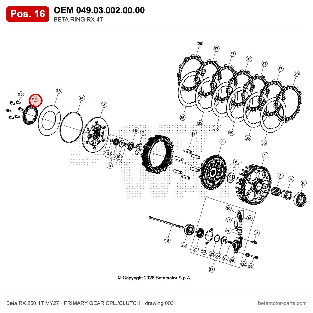 BETA RING RX 4T – OEM 049.03.002.00.00, position 16 on the Beta RX 250 4T MY27 primary gear cpl./clutch drawing