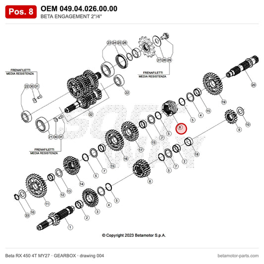 BETA ENGAGEMENT 2°/4° – OEM 049.04.026.00.00, position 8 on the Beta RX 450 4T MY27 gearbox drawing