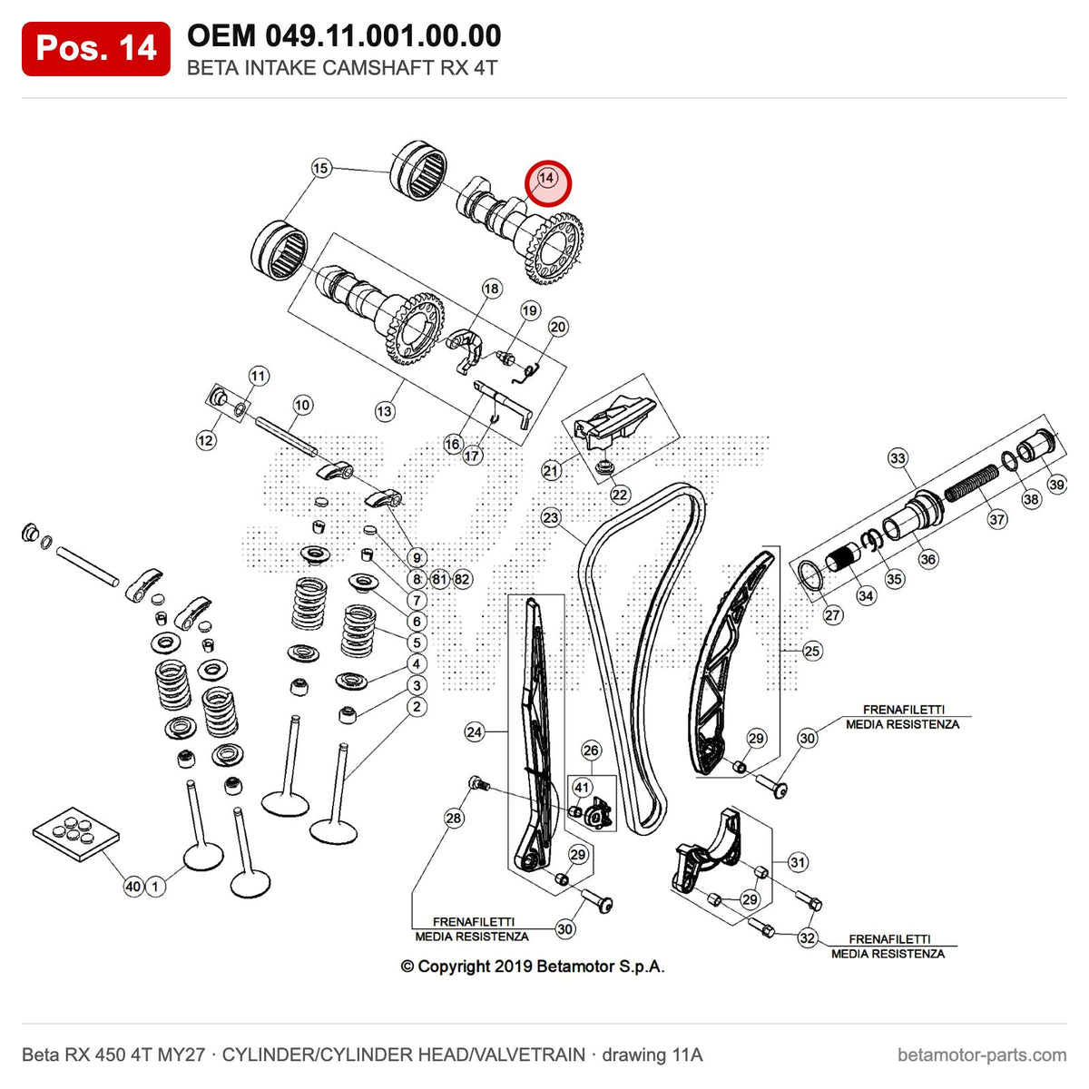 BETA INTAKE CAMSHAFT RX 4T – OEM 049.11.001.00.00, position 14 on the Beta RX 450 4T MY27 cylinder/cylinder head/valvetrain drawing