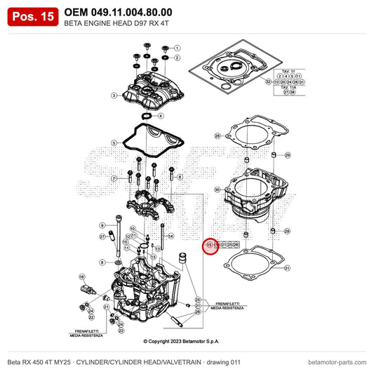 BETA ENGINE HEAD D97 RX 4T – OEM 049.11.004.80.00, position 15 on the Beta RX 450 4T MY25 cylinder/cylinder head/valvetrain drawing