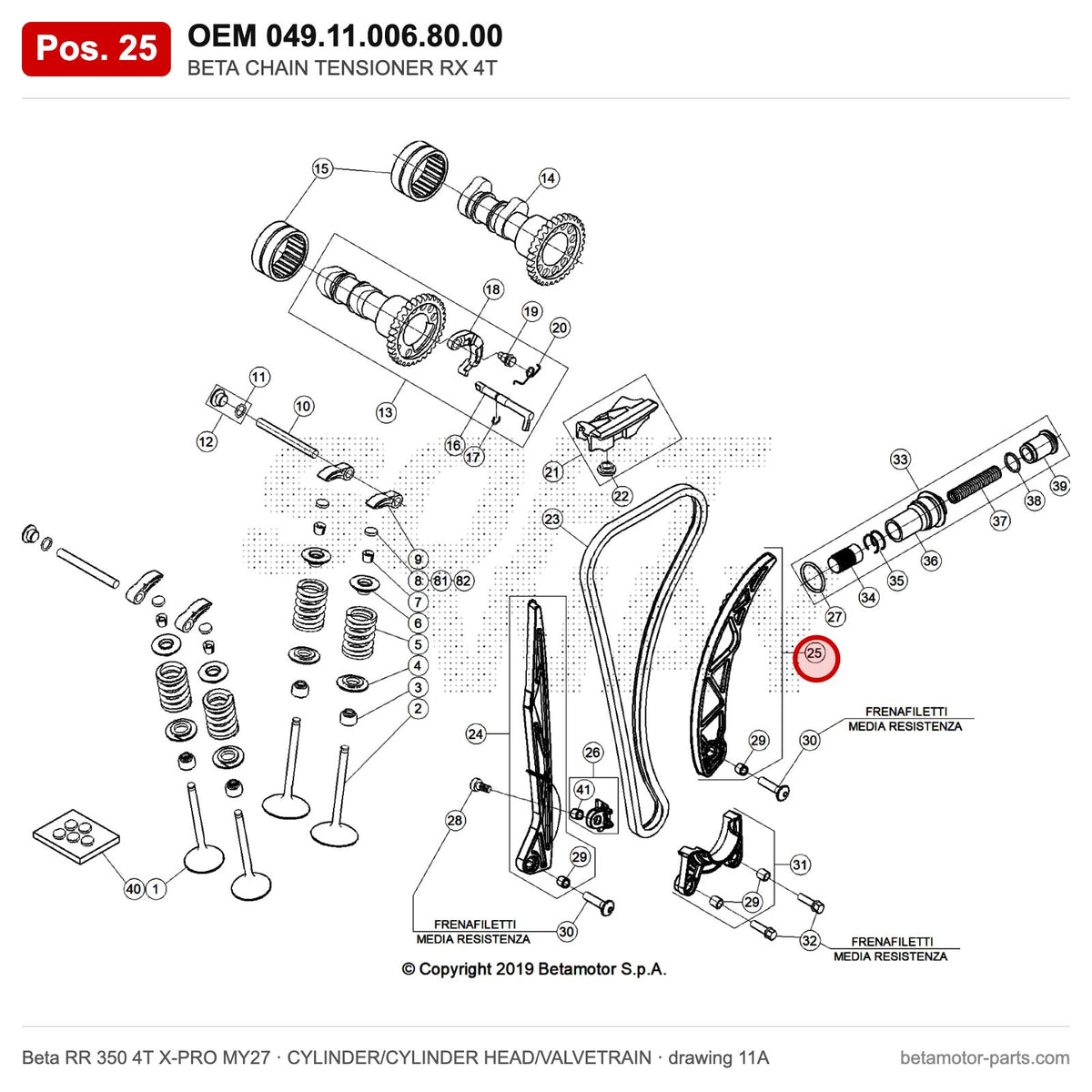 BETA CHAIN TENSIONER 4T – OEM 049.11.006.80.00, position 25 on the Beta RR 350 4T X-PRO MY27 cylinder/cylinder head/valvetrain drawing