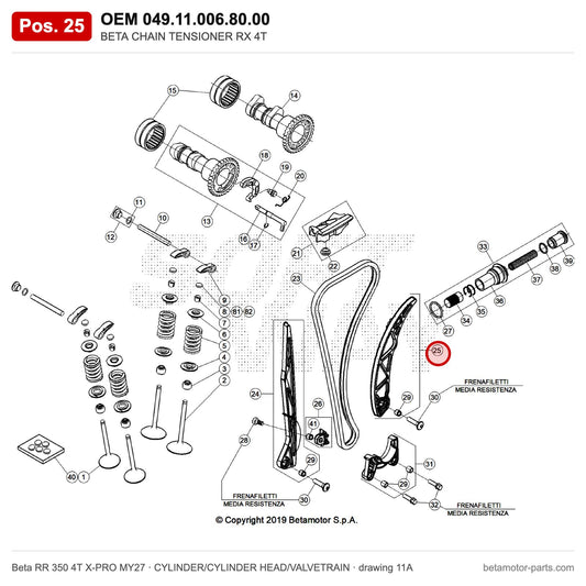 BETA CHAIN TENSIONER 4T – OEM 049.11.006.80.00, position 25 on the Beta RR 350 4T X-PRO MY27 cylinder/cylinder head/valvetrain drawing