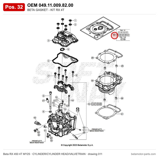 BETA GASKET - KIT RX 4T – OEM 049.11.009.82.00, position 32 on the Beta RX 450 4T MY25 cylinder/cylinder head/valvetrain drawing