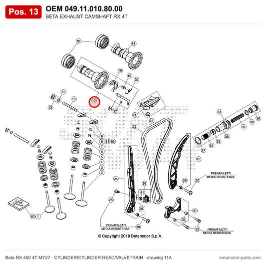 BETA EXHAUST CAMSHAFT RX 4T – OEM 049.11.010.80.00, position 13 on the Beta RX 450 4T MY27 cylinder/cylinder head/valvetrain drawing
