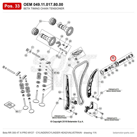 BETA TIMING CHAIN TENSIONER – OEM 049.11.017.80.00, position 33 on the Beta RR 350 4T X-PRO MY27 cylinder/cylinder head/valvetrain drawing