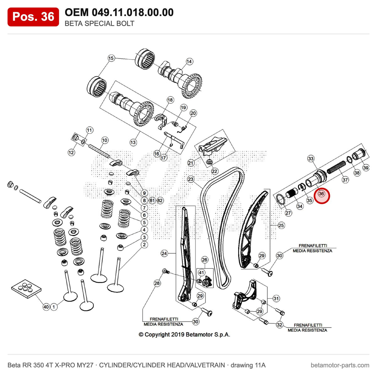 BETA SPECIAL BOLT – OEM 049.11.018.00.00, position 36 on the Beta RR 350 4T X-PRO MY27 cylinder/cylinder head/valvetrain drawing