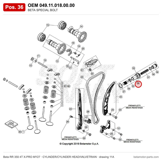 BETA SPECIAL BOLT – OEM 049.11.018.00.00, position 36 on the Beta RR 350 4T X-PRO MY27 cylinder/cylinder head/valvetrain drawing