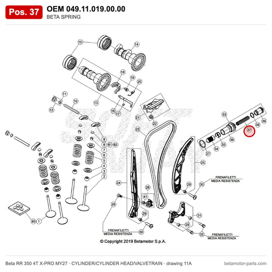 BETA SPRING – OEM 049.11.019.00.00, position 37 on the Beta RR 350 4T X-PRO MY27 cylinder/cylinder head/valvetrain drawing