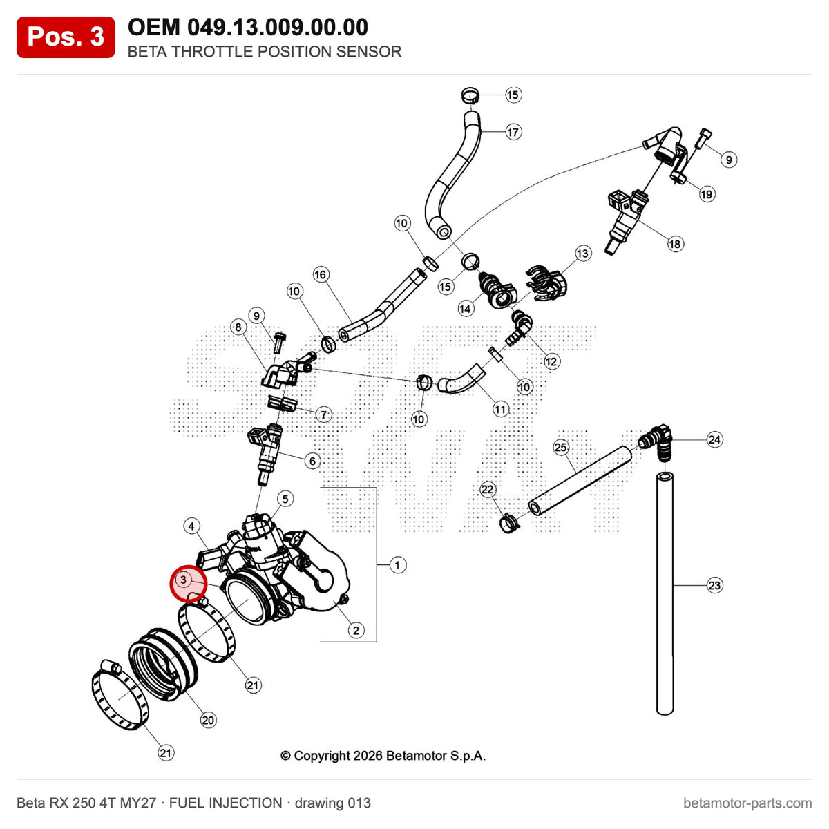 BETA THROTTLE POSITION SENSOR – OEM 049.13.009.00.00, position 3 on the Beta RX 250 4T MY27 fuel injection drawing