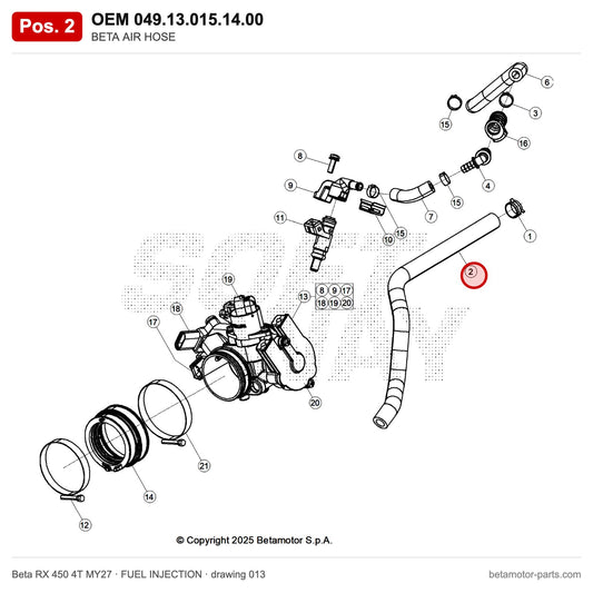 BETA AIR HOSE – OEM 049.13.015.14.00, position 2 on the Beta RX 450 4T MY27 fuel injection drawing