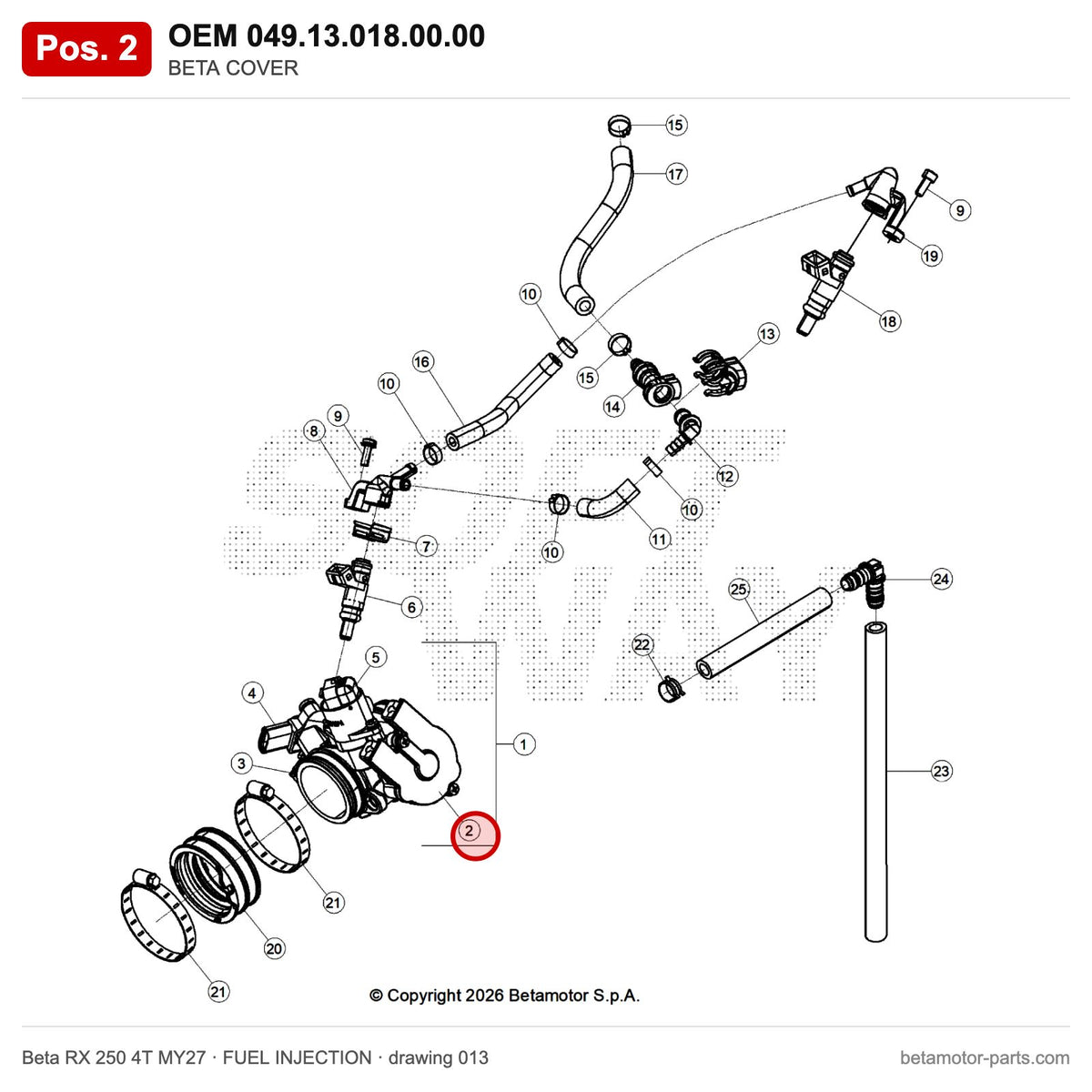 BETA COVER – OEM 049.13.018.00.00, position 2 on the Beta RX 250 4T MY27 fuel injection drawing