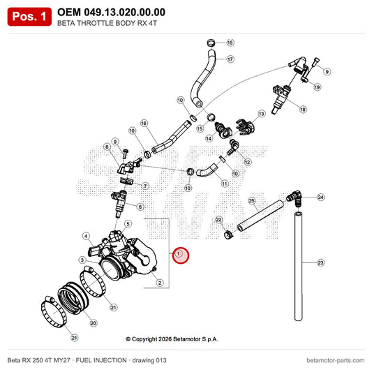 BETA THROTTLE BODY RX 4T – OEM 049.13.020.00.00, position 1 on the Beta RX 250 4T MY27 fuel injection drawing